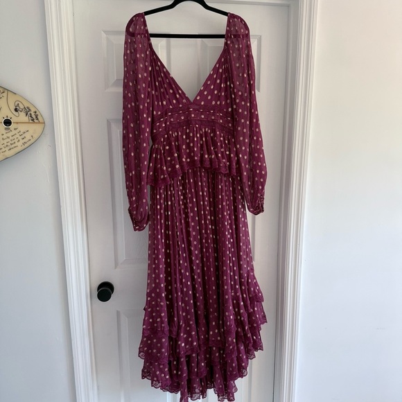 FREE PEOPLE x ROCOCO SAND Emi Burgundy Metallic Long Sleeve Maxi Dress L - Picture 2 of 14